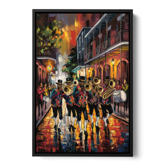 New Orleans Second Line Band - Black Framed Canvas Wall Art - Front