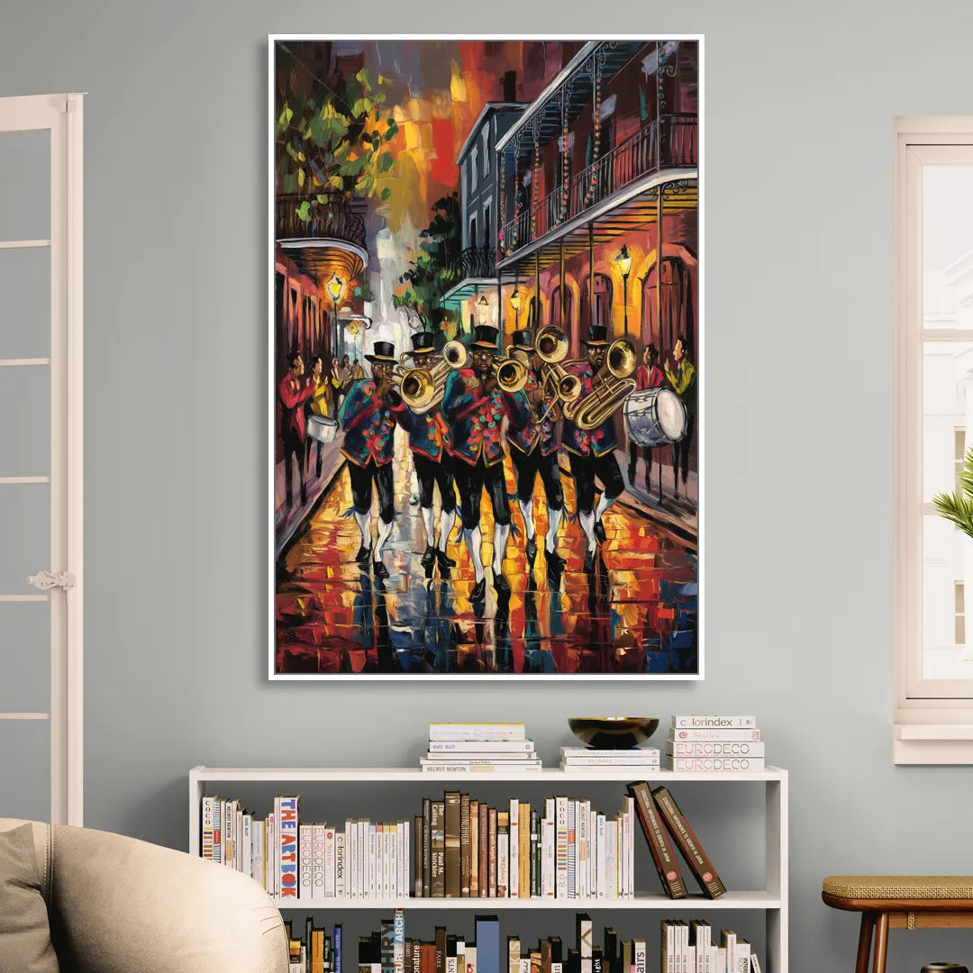 New Orleans Second Line Band Living Room - White Canvas Wall Art