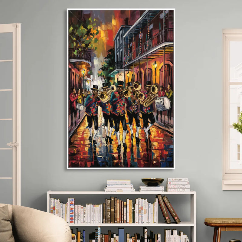 New Orleans Second Line Band Living Room - White Canvas Wall Art