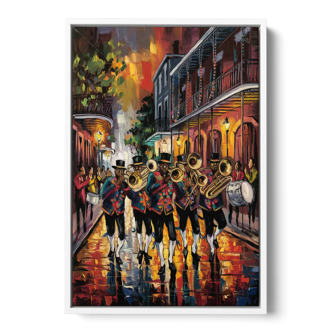 New Orleans Second Line Band Front - White Canvas Wall Art