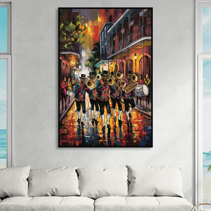 New Orleans Second Line Band Sitting Room - Black Canvas Wall Art