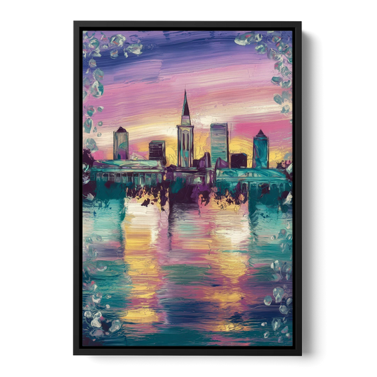 New Orleans Skyline at Sunset - Black Framed Canvas Wall Art - Front