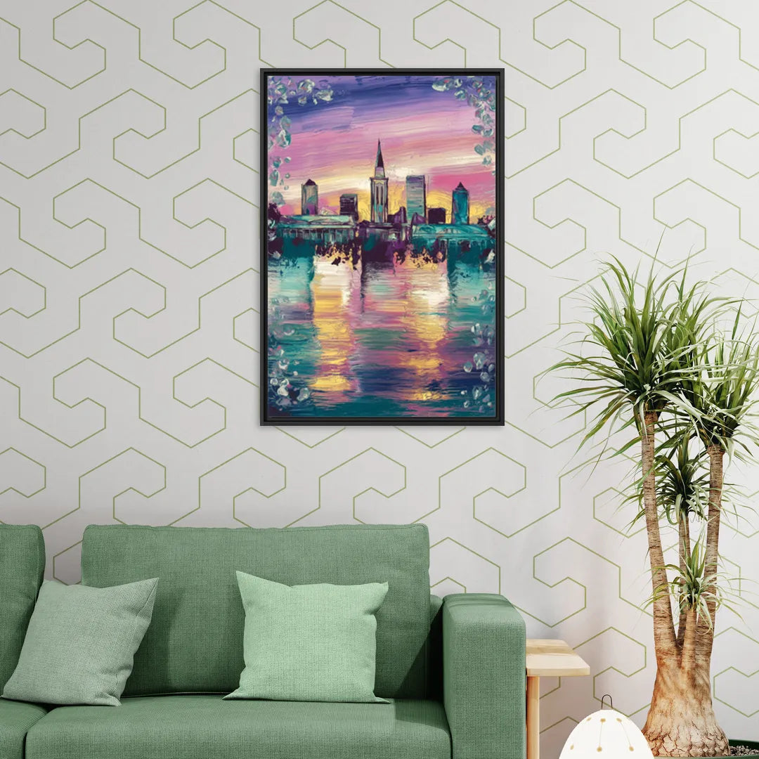 New Orleans Skyline at Sunset - Living Room Black Frame Canvas