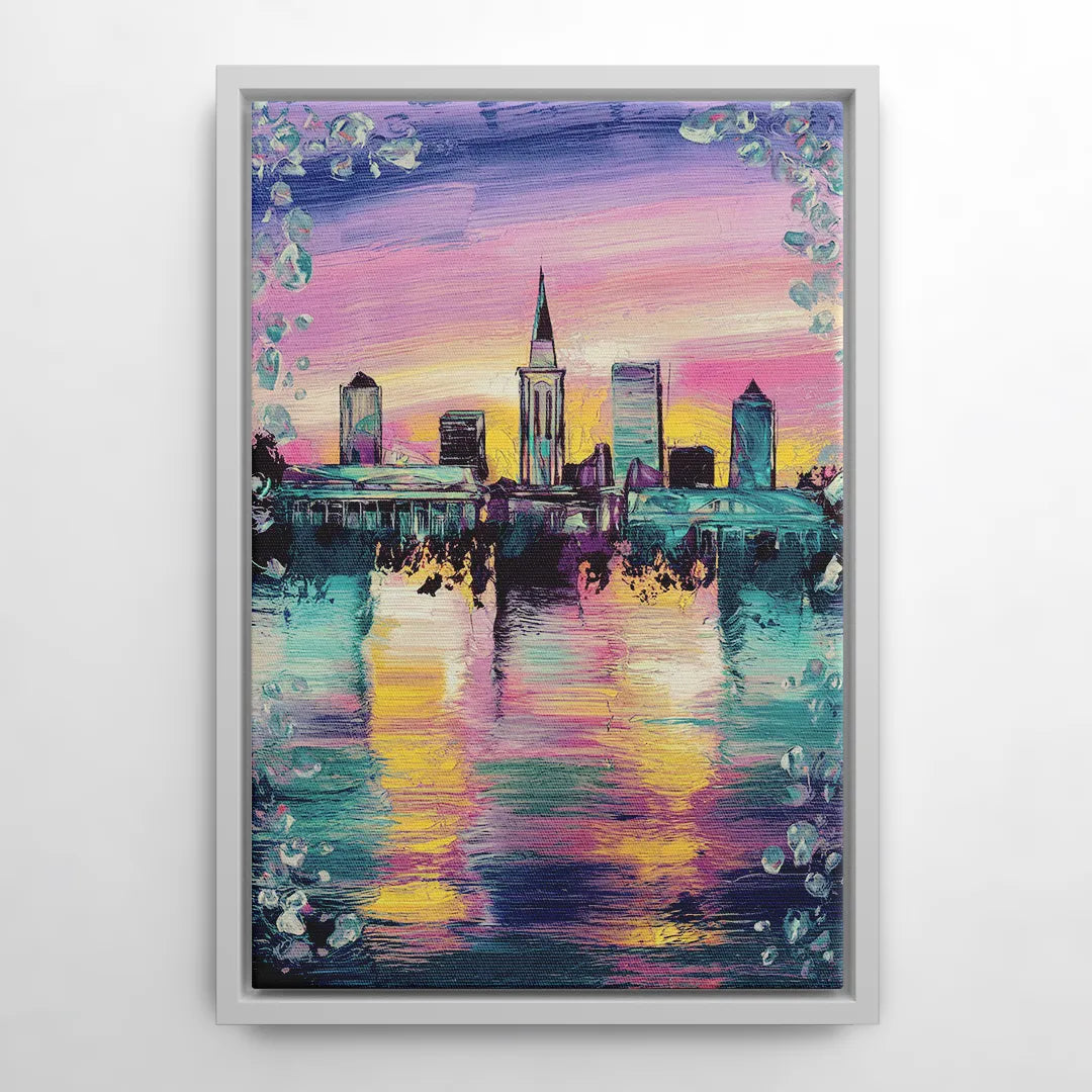 New Orleans Skyline at Sunset - White Frame Canvas
