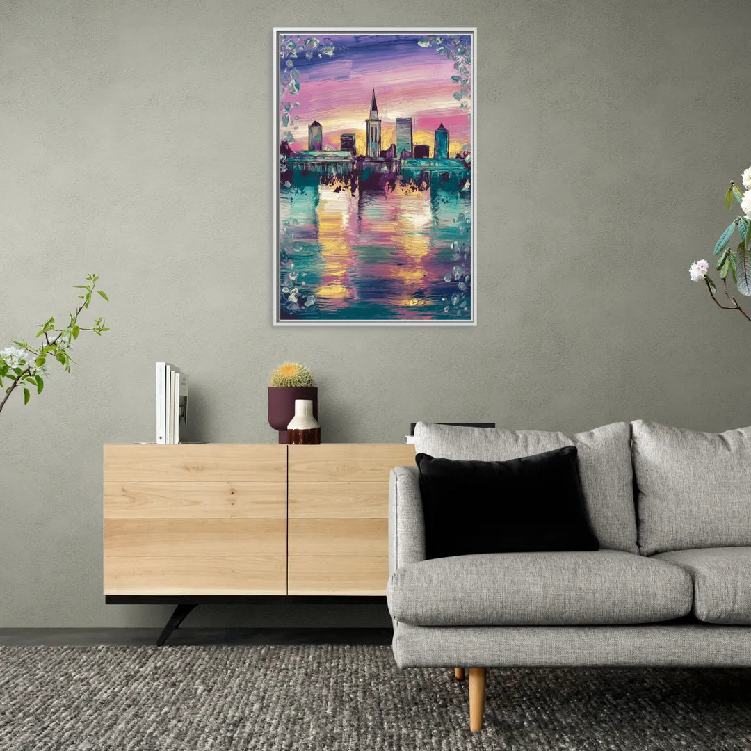 New Orleans Skyline at Sunset - Living Room White Frame Canvas