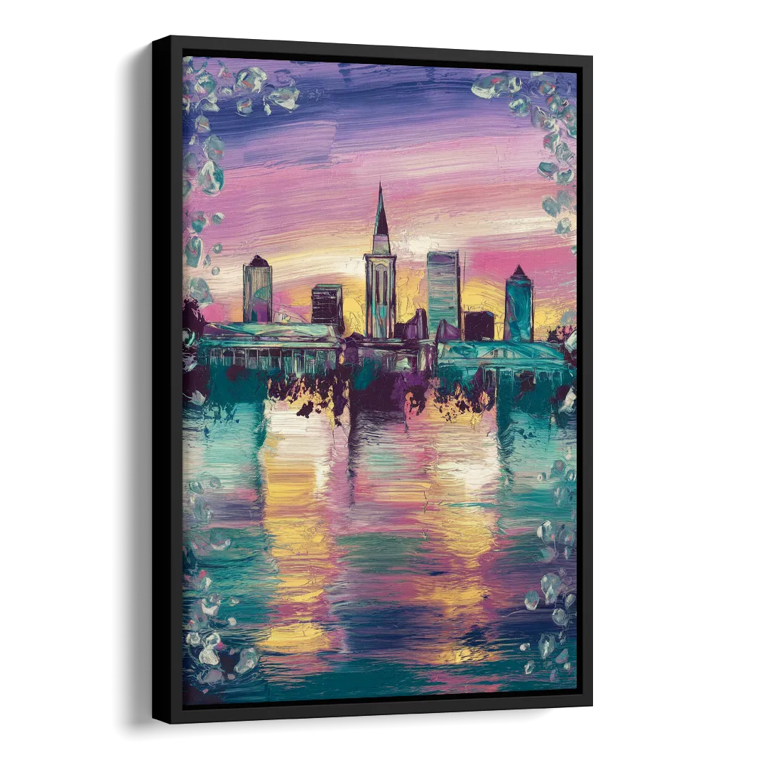 New Orleans Skyline at Sunset Side - Black Canvas Wall Art