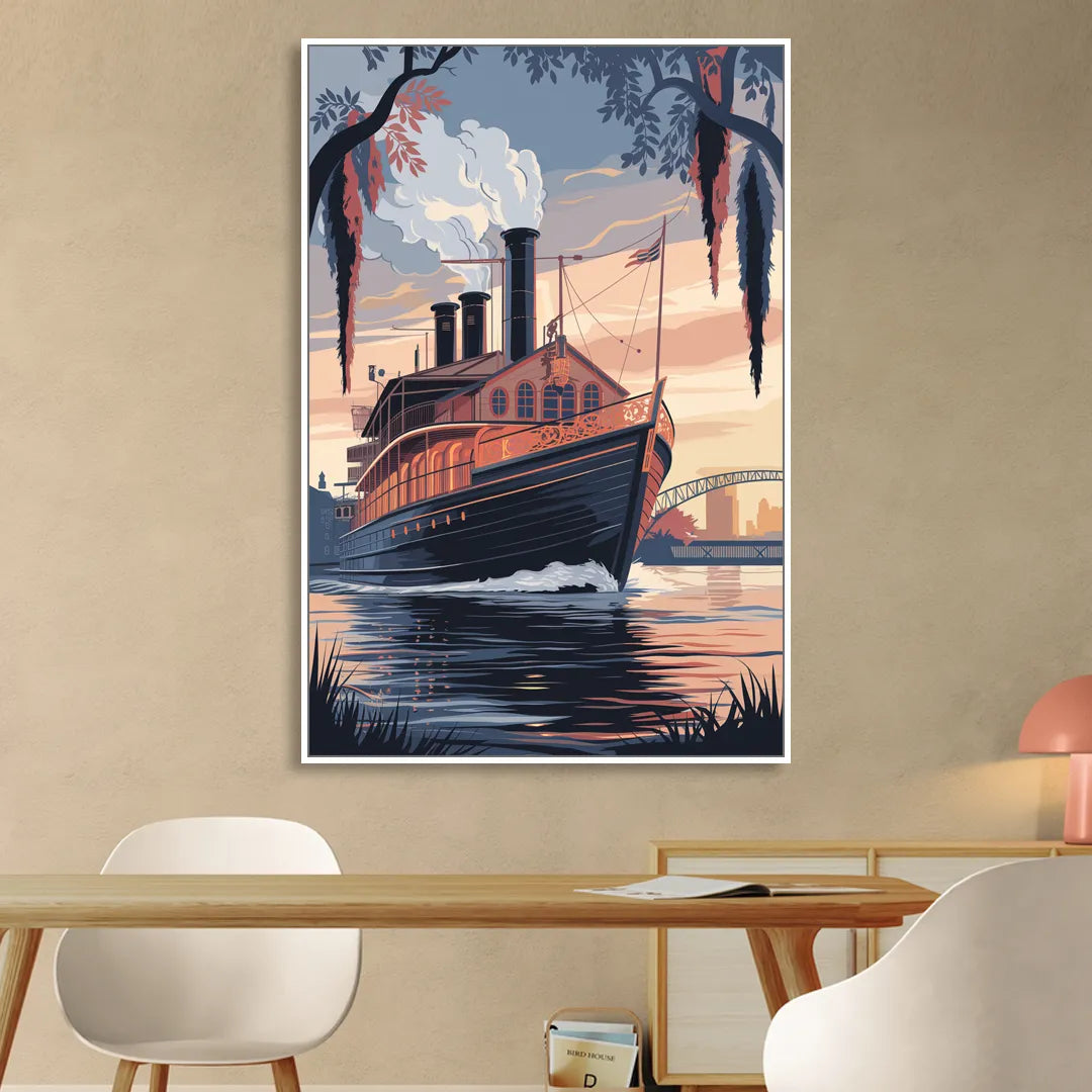 New Orleans Steamboat on the River Sitting Room - White Canvas Wall Art