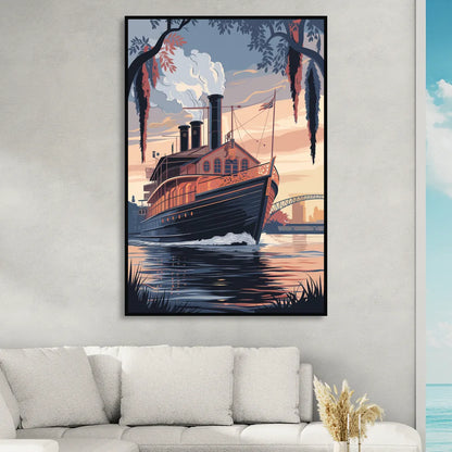 New Orleans Steamboat on the River Sitting Room - Black Canvas Wall Art