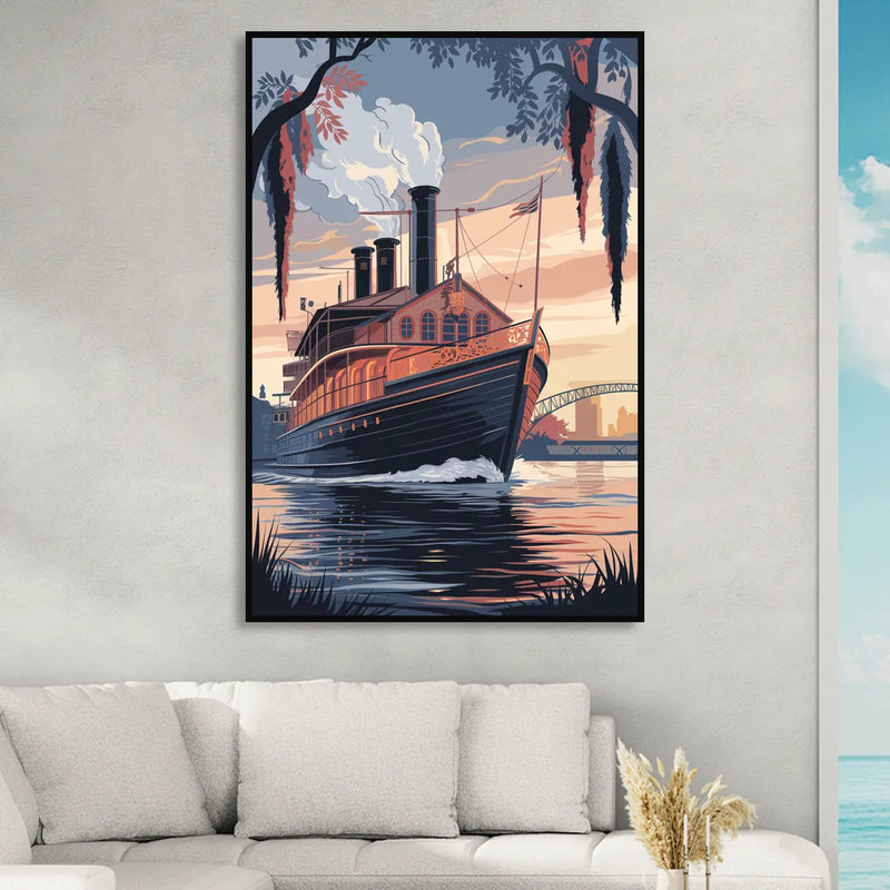 New Orleans Steamboat on the River Sitting Room - Black Canvas Wall Art
