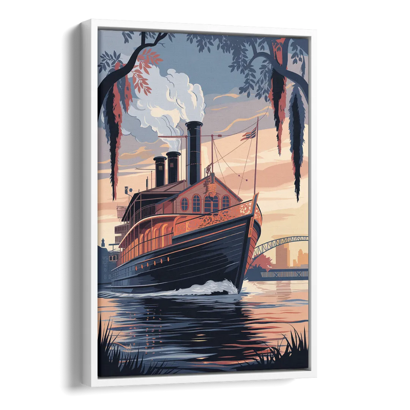 New Orleans Steamboat on the River Side - White Canvas Wall Art