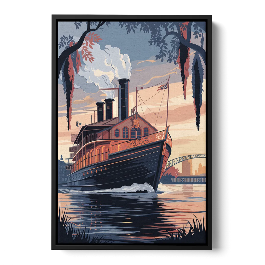 New Orleans Steamboat on the River Front - Black Canvas Wall Art