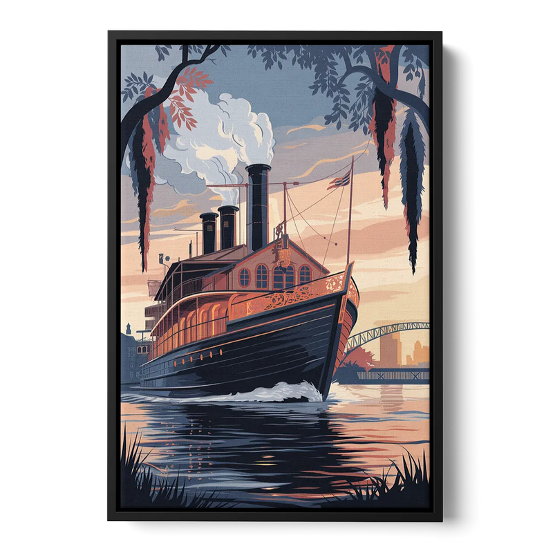New Orleans Steamboat on the River Front - Black Canvas Wall Art