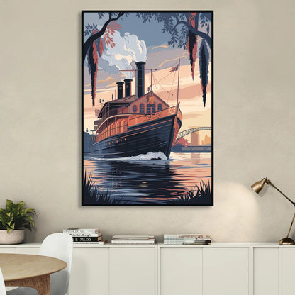 New Orleans Steamboat on the River Living Room - Black Canvas Wall Art