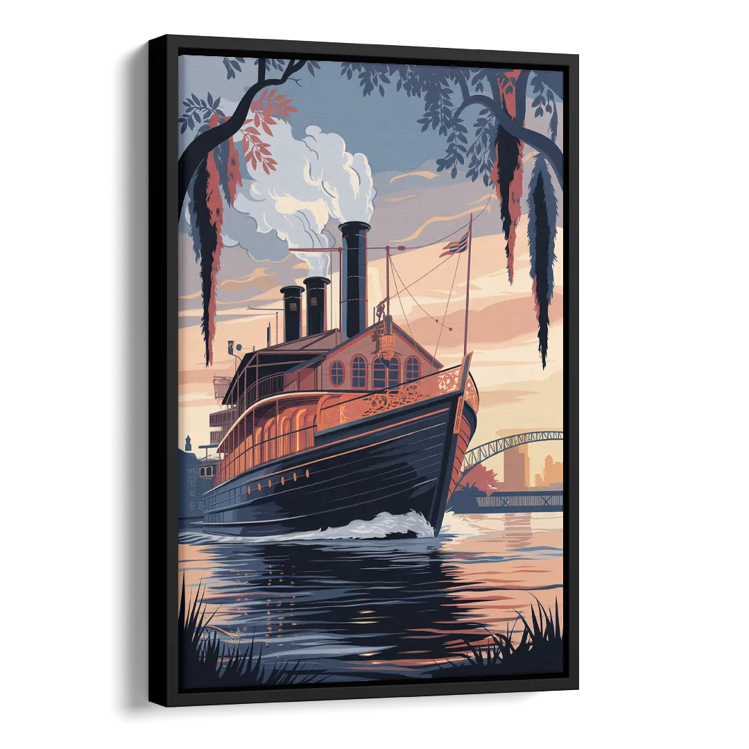 New Orleans Steamboat on the River Side - Black Canvas Wall Art