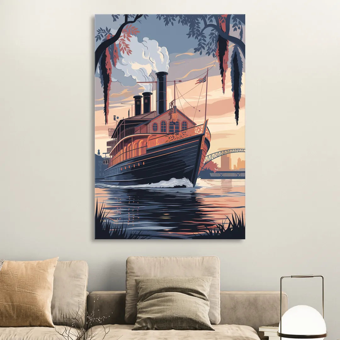 New Orleans Steamboat on the River Living Room - Canvas Wall Art