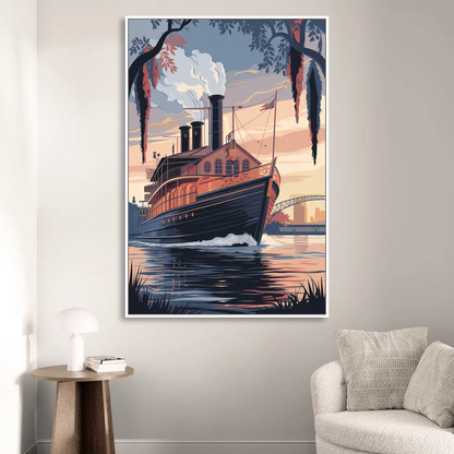 New Orleans Steamboat on the River Living Room - White Canvas Wall Art