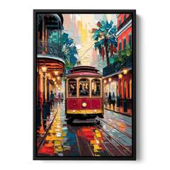 New Orleans Trolley Car Journey - Black Framed Canvas Wall Art - Front