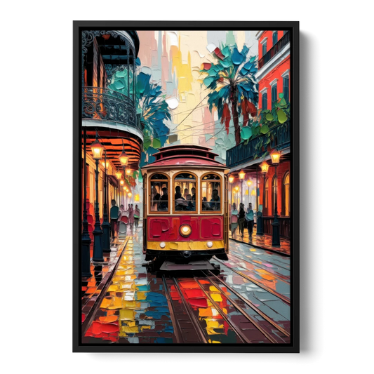 New Orleans Trolley Car Journey - Black Framed Canvas Wall Art - Front