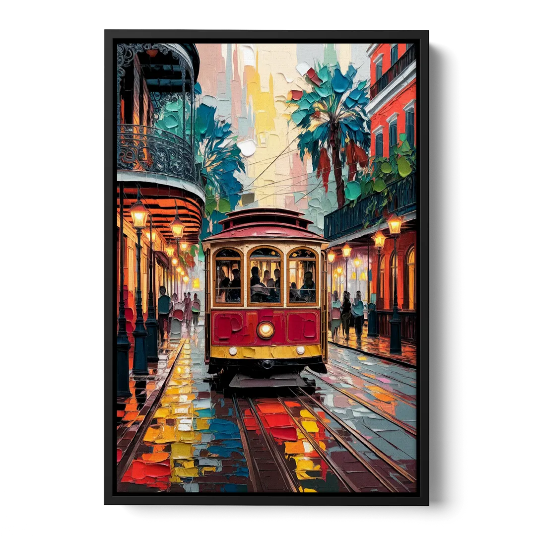 New Orleans Trolley Car Journey Front - Black Canvas Wall Art