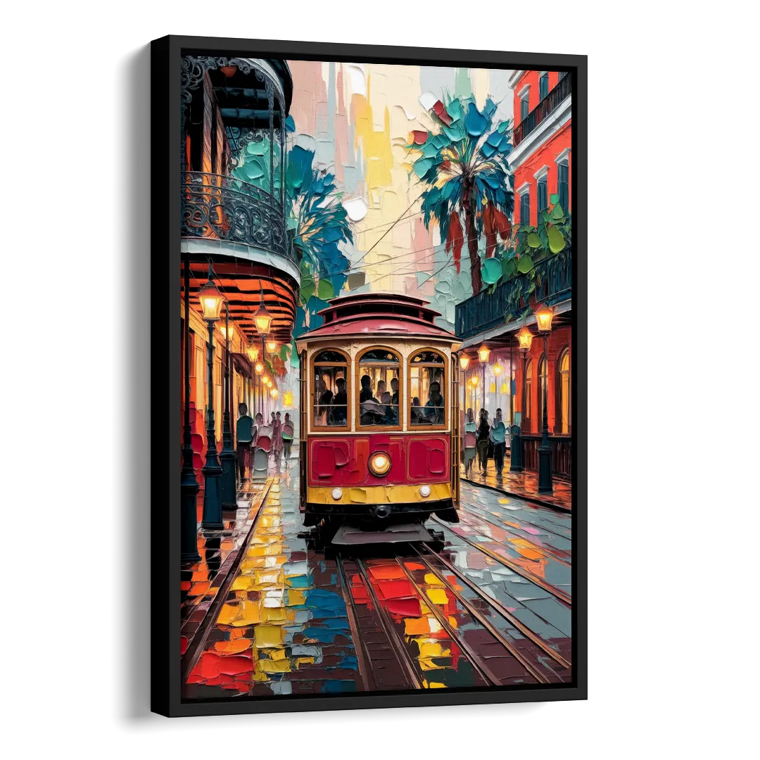 New Orleans Trolley Car Journey Side - Black Canvas Wall Art