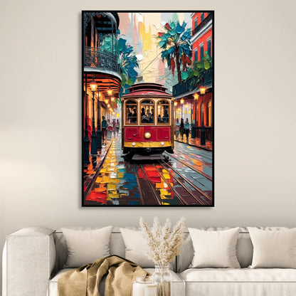 New Orleans Trolley Car Journey Living Room - Black Canvas Wall Art