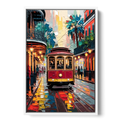 New Orleans Trolley Car Journey - White Framed Canvas Wall Art - Front