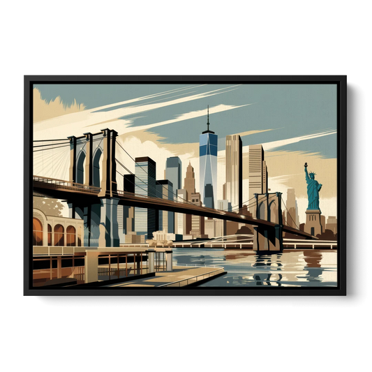 New York Brooklyn Bridge And Statue Of Liberty - Black Framed Canvas Wall Art - Front