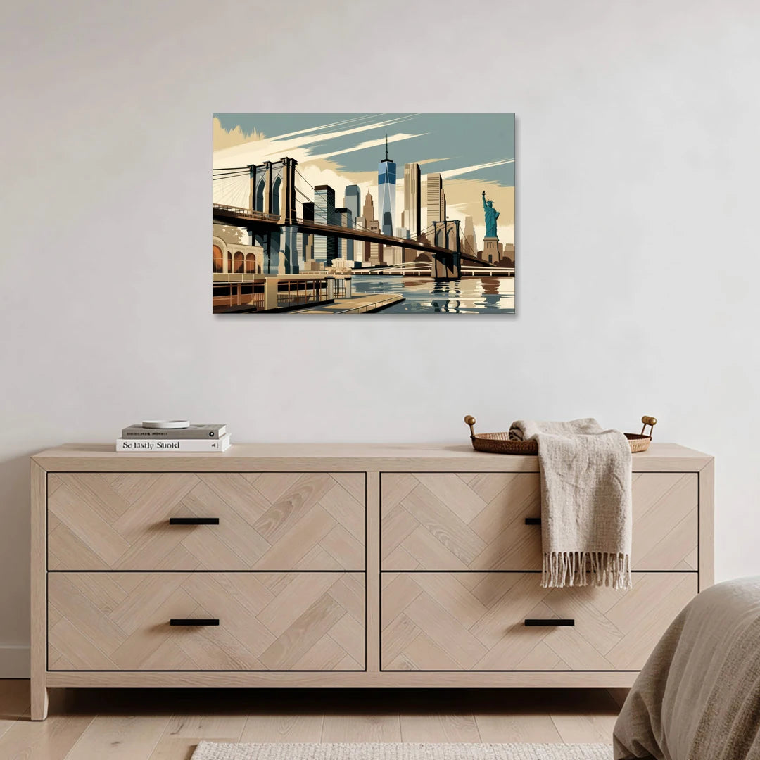 New York Brooklyn Bridge And Statue Of Liberty - Canvas Wall Art - Coffee Table - 36x24
