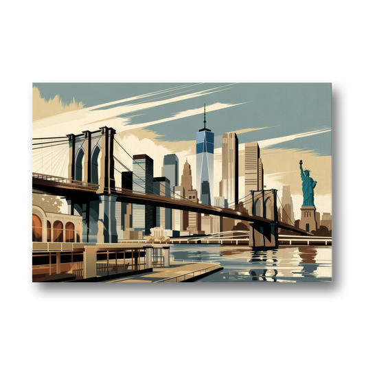 New York Brooklyn Bridge And Statue Of Liberty - Canvas Wall Art - Front