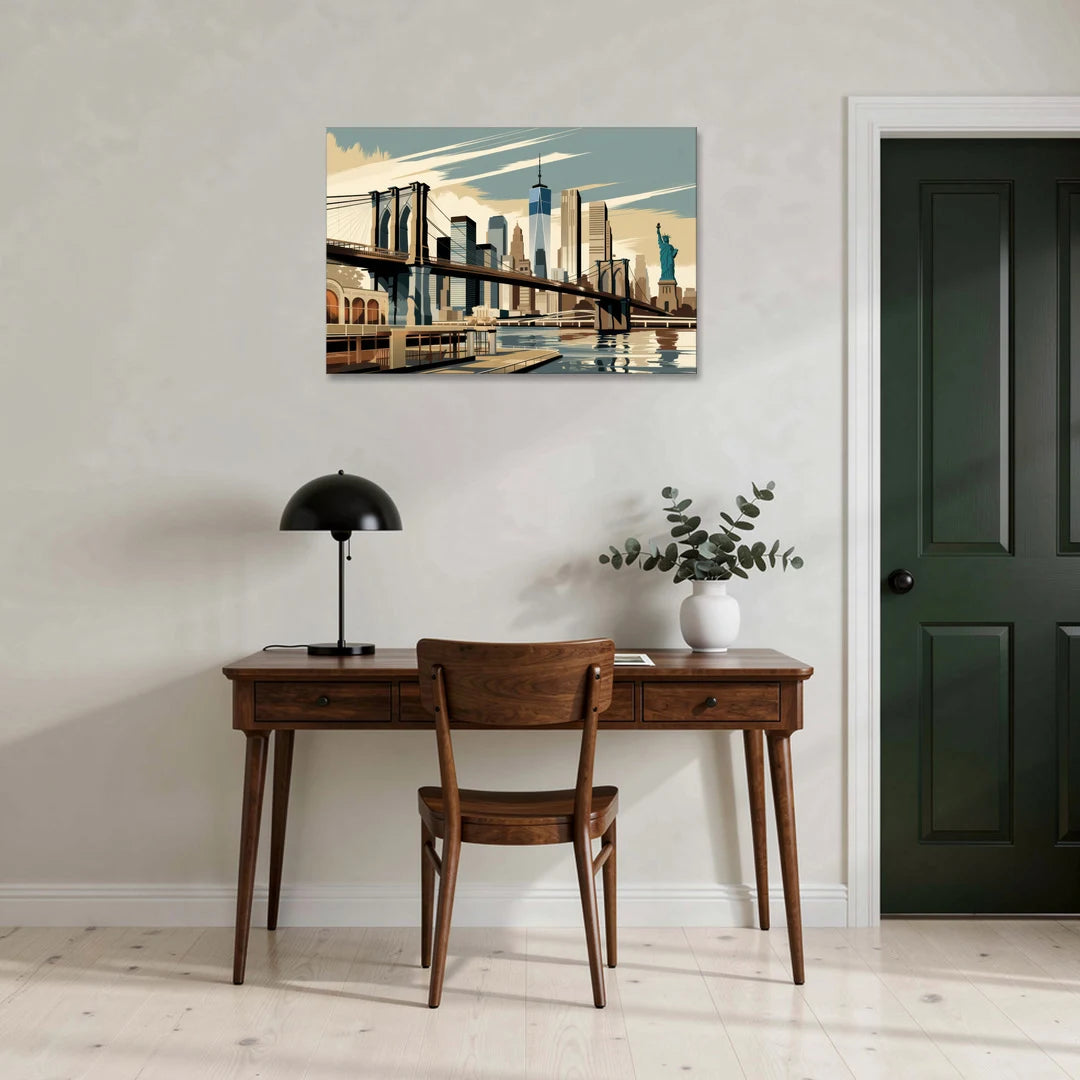 New York Brooklyn Bridge And Statue Of Liberty - Canvas Wall Art - Office - 36x24