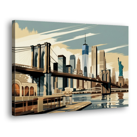 New York Brooklyn Bridge And Statue Of Liberty - Canvas Wall Art - Side