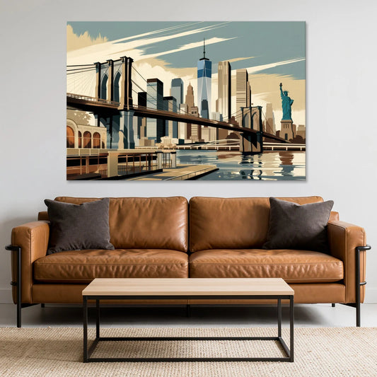 New York Brooklyn Bridge And Statue Of Liberty - Canvas Wall Art - Sofa - 60x40