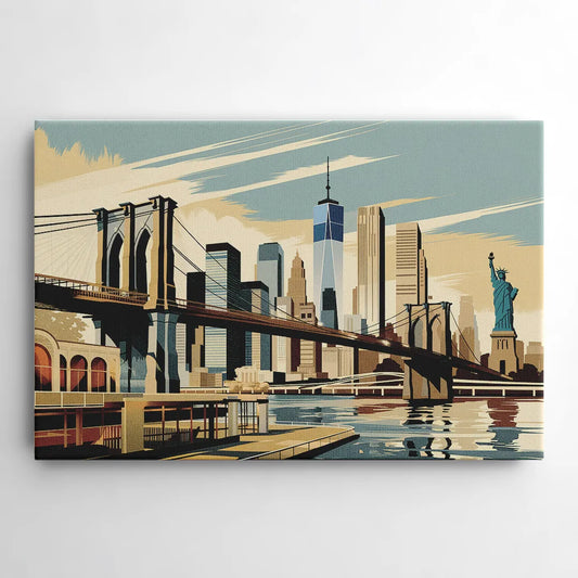 New York Brooklyn Bridge And Statue Of Liberty - Canvas Wall Art