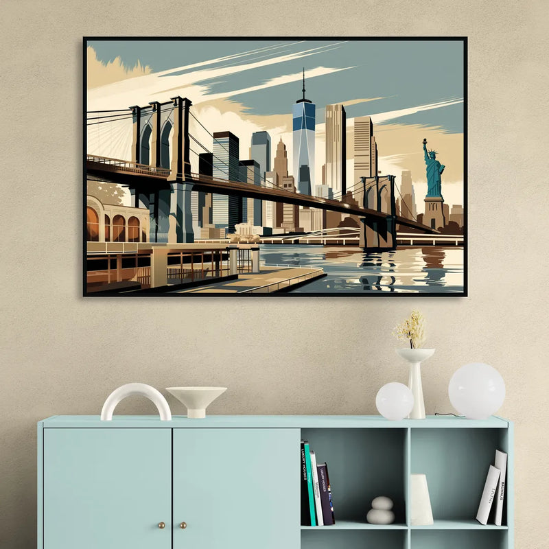 New York Brooklyn Bridge And Statue Of Liberty Sitting Room - Black Canvas Wall Art