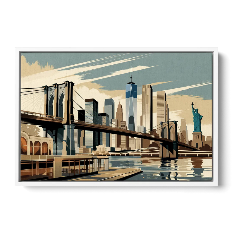 New York Brooklyn Bridge And Statue Of Liberty Front - White Canvas Wall Art