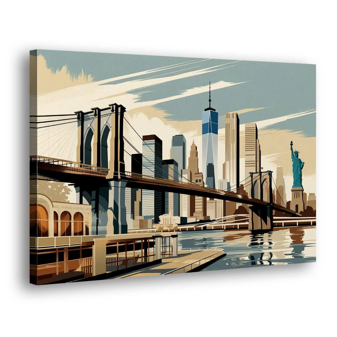 New York Brooklyn Bridge And Statue Of Liberty Side - Canvas Wall Art
