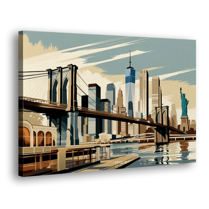 New York Brooklyn Bridge And Statue Of Liberty Side - Canvas Wall Art