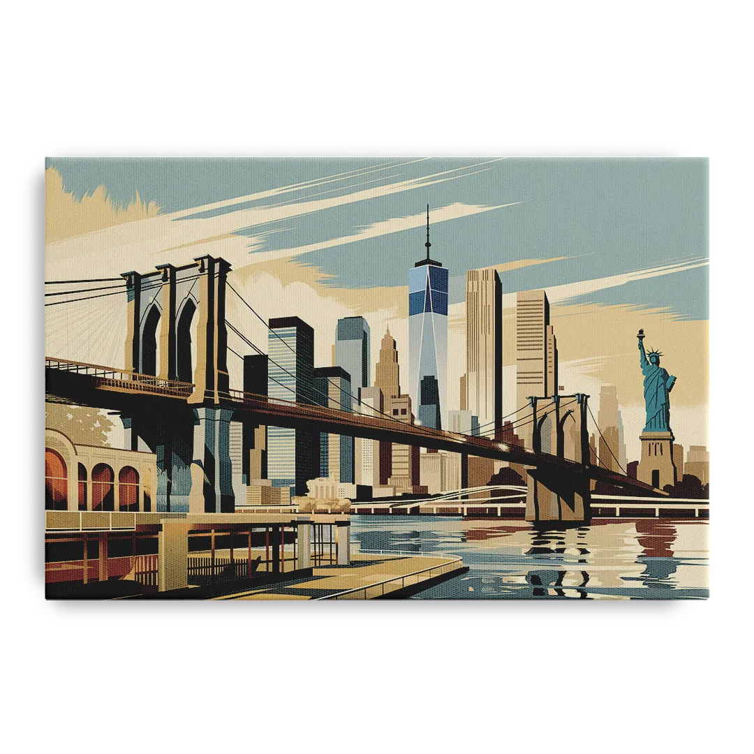 New York Brooklyn Bridge And Statue Of Liberty Front - Canvas Wall Art