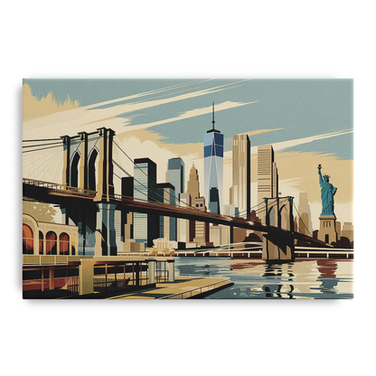 New York Brooklyn Bridge And Statue Of Liberty Front - Canvas Wall Art