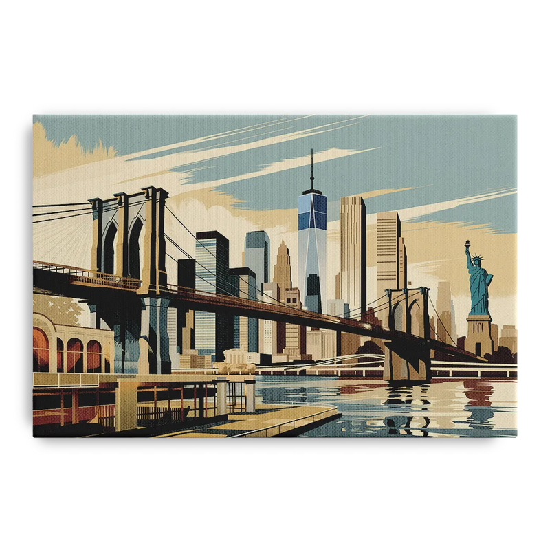 New York Brooklyn Bridge And Statue Of Liberty Front - Canvas Wall Art