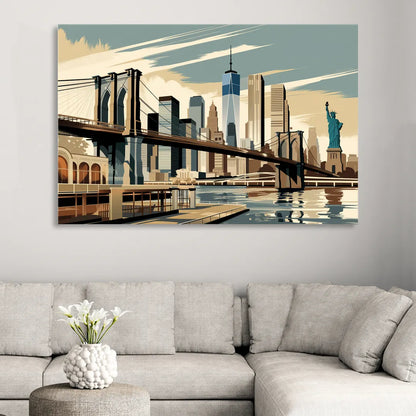 New York Brooklyn Bridge And Statue Of Liberty Sitting Room - Canvas Wall Art