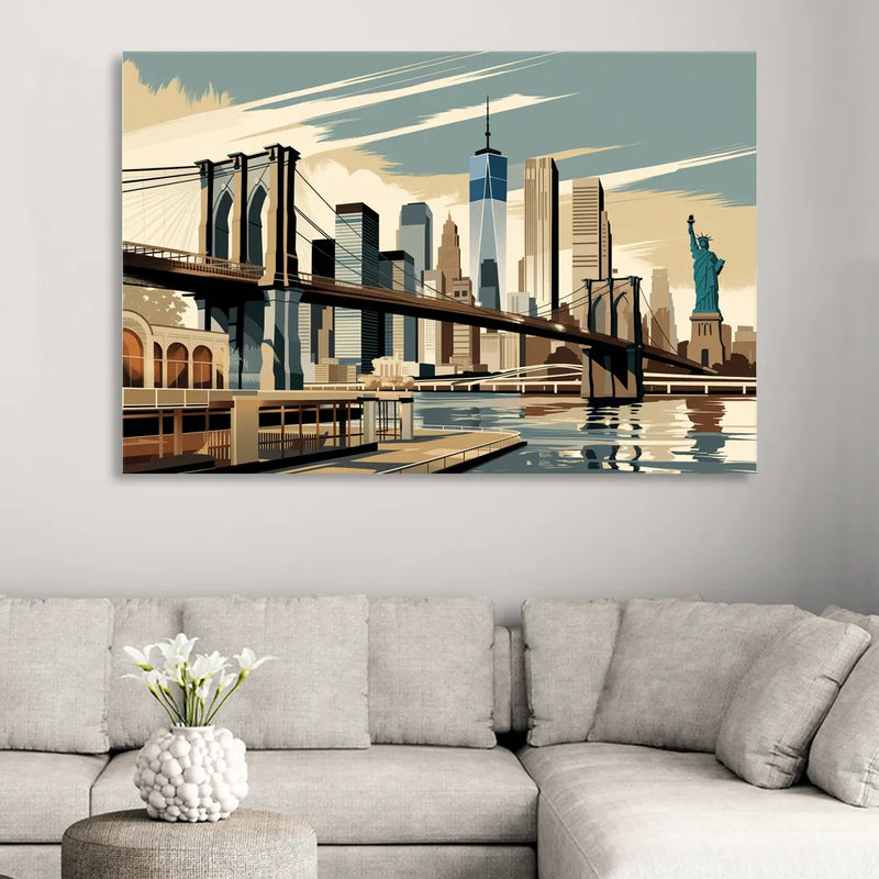 New York Brooklyn Bridge And Statue Of Liberty Sitting Room - Canvas Wall Art
