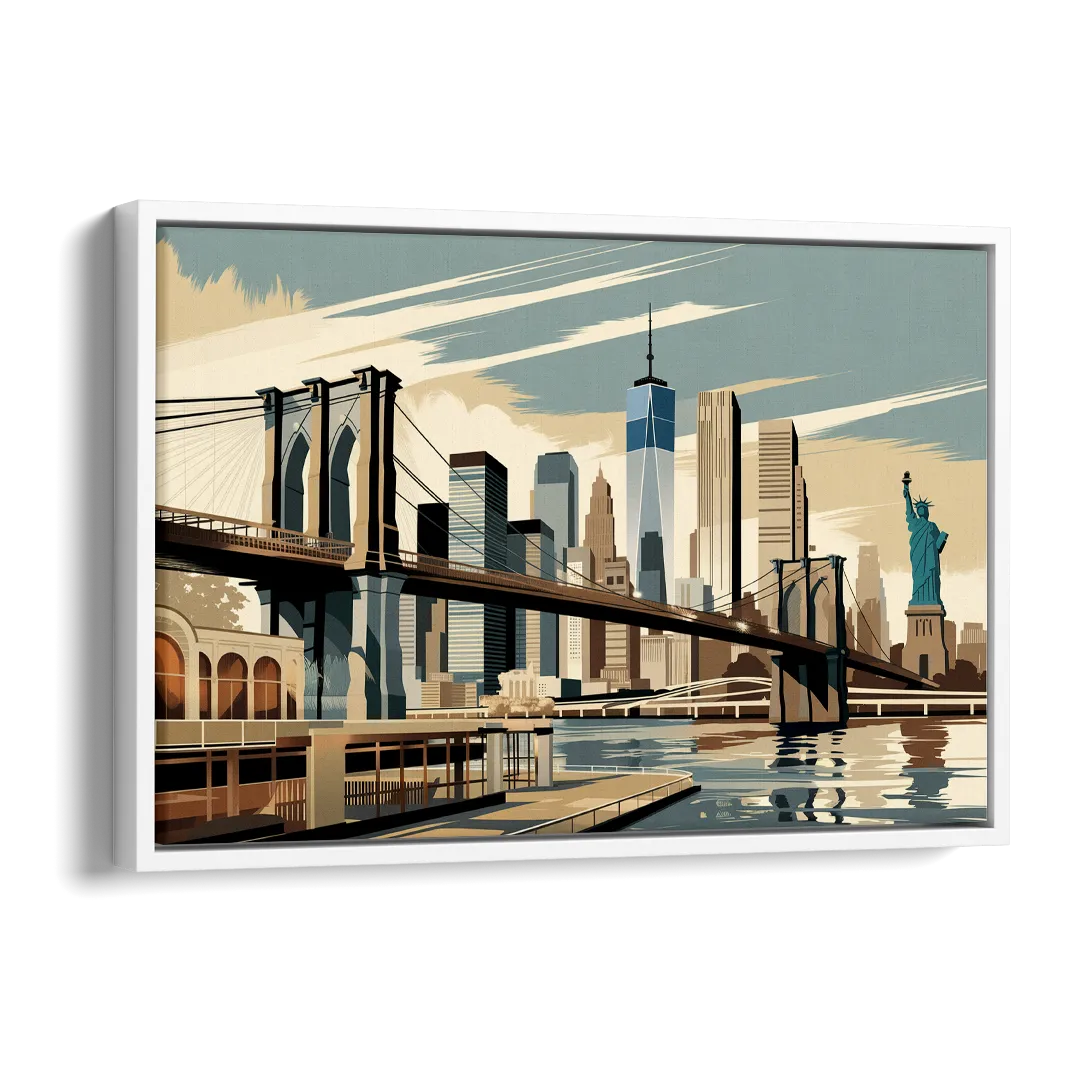 New York Brooklyn Bridge And Statue Of Liberty Side - White Canvas Wall Art
