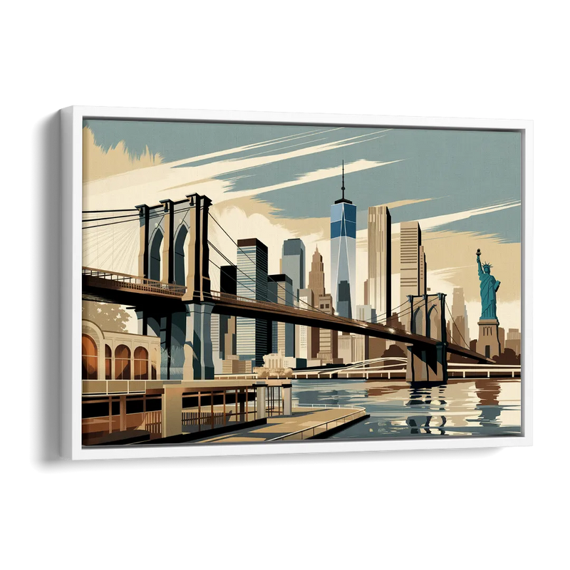 New York Brooklyn Bridge And Statue Of Liberty Side - White Canvas Wall Art