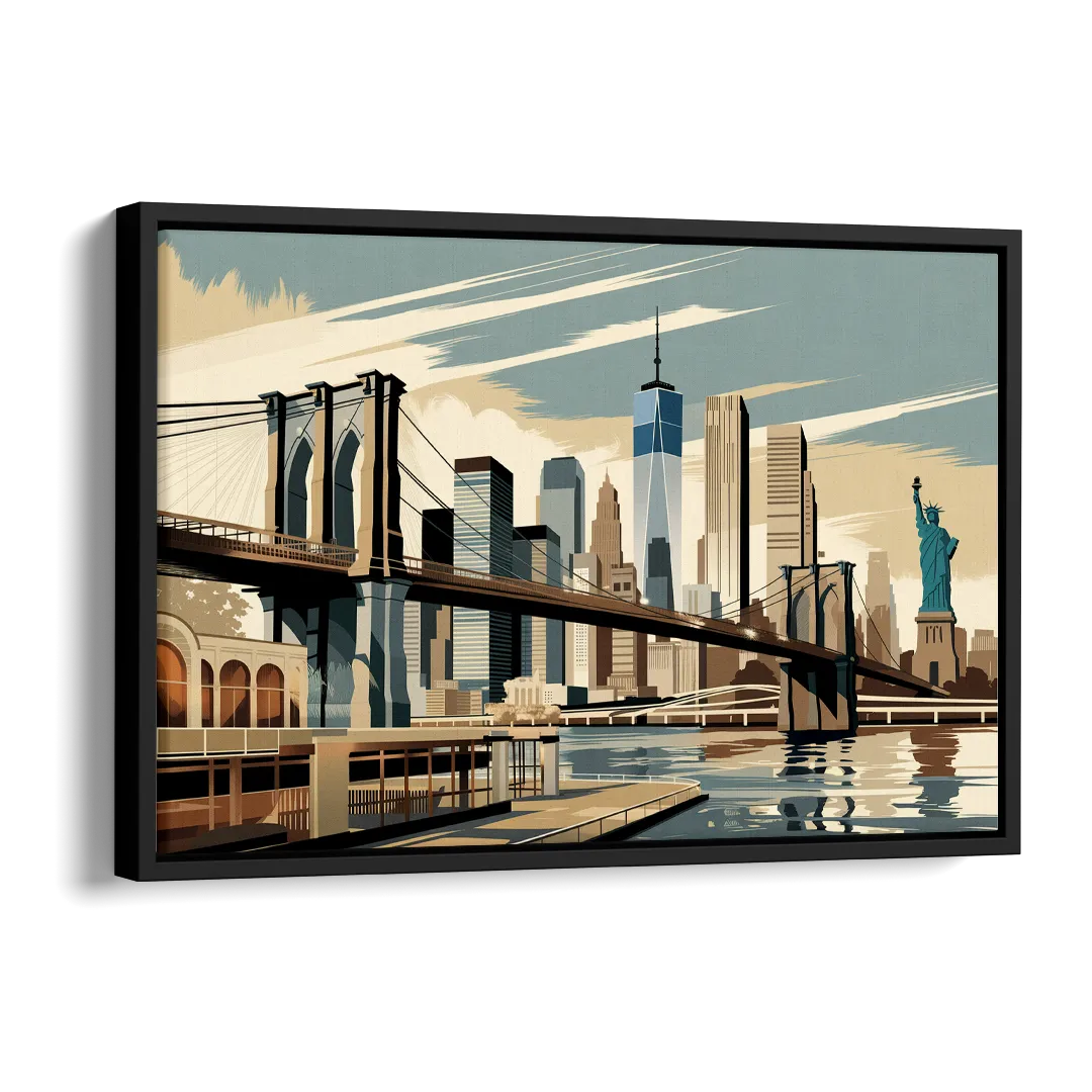 New York Brooklyn Bridge And Statue Of Liberty Side - Black Canvas Wall Art