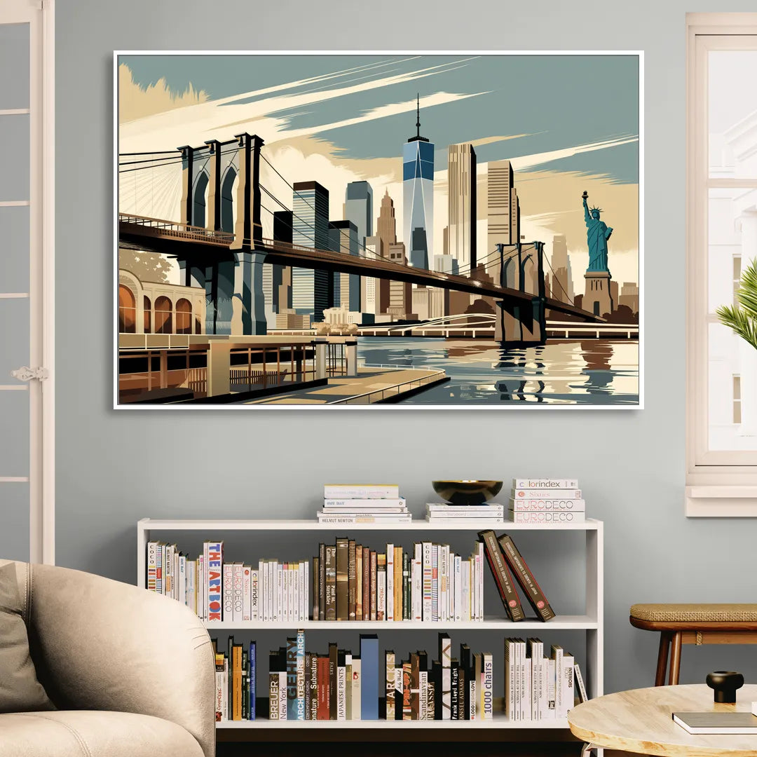 New York Brooklyn Bridge And Statue Of Liberty Living Room - White Canvas Wall Art