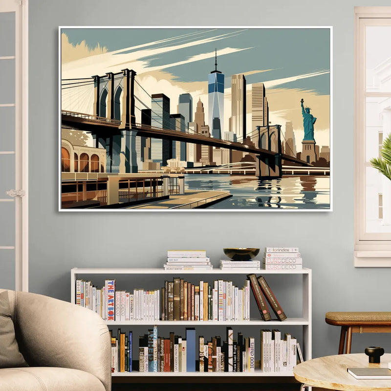 New York Brooklyn Bridge And Statue Of Liberty Living Room - White Canvas Wall Art