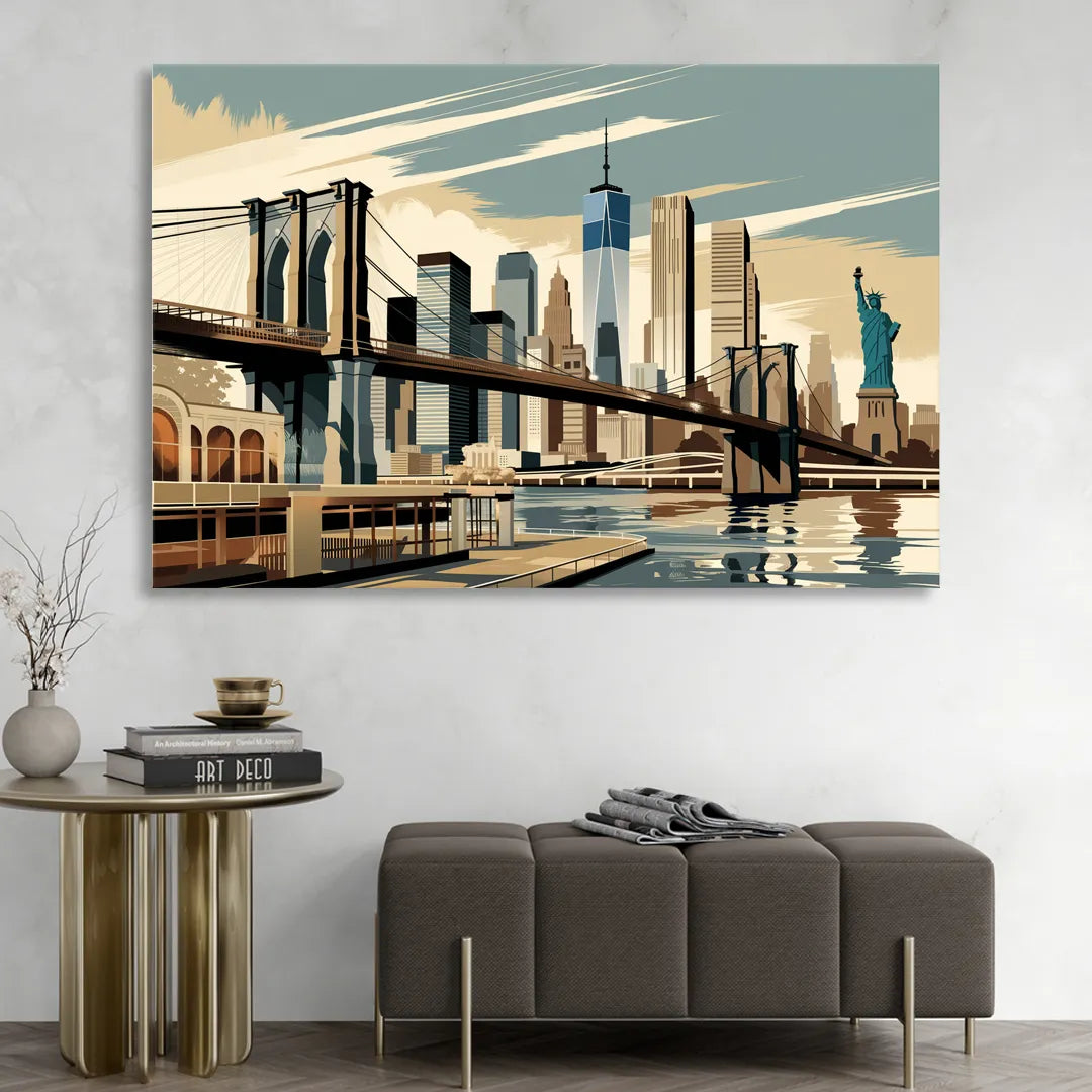New York Brooklyn Bridge And Statue Of Liberty Living Room - Canvas Wall Art