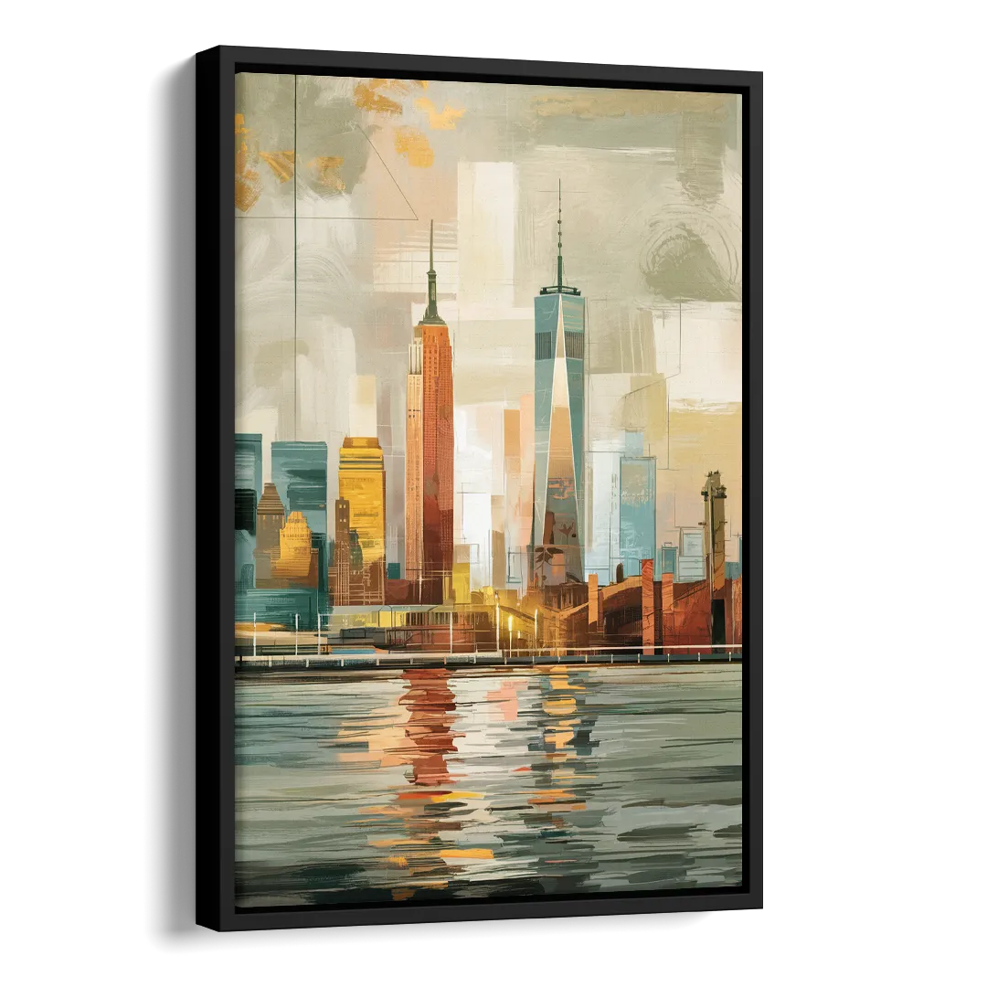 New York City Abstract Skyline Art Hudson Side - Black Canvas Wall Art
