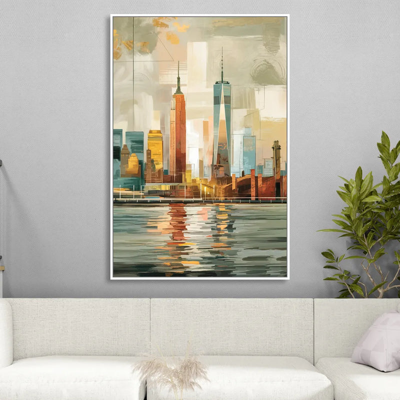 New York City Abstract Skyline Art Hudson Living Room - White Canvas Wall Art